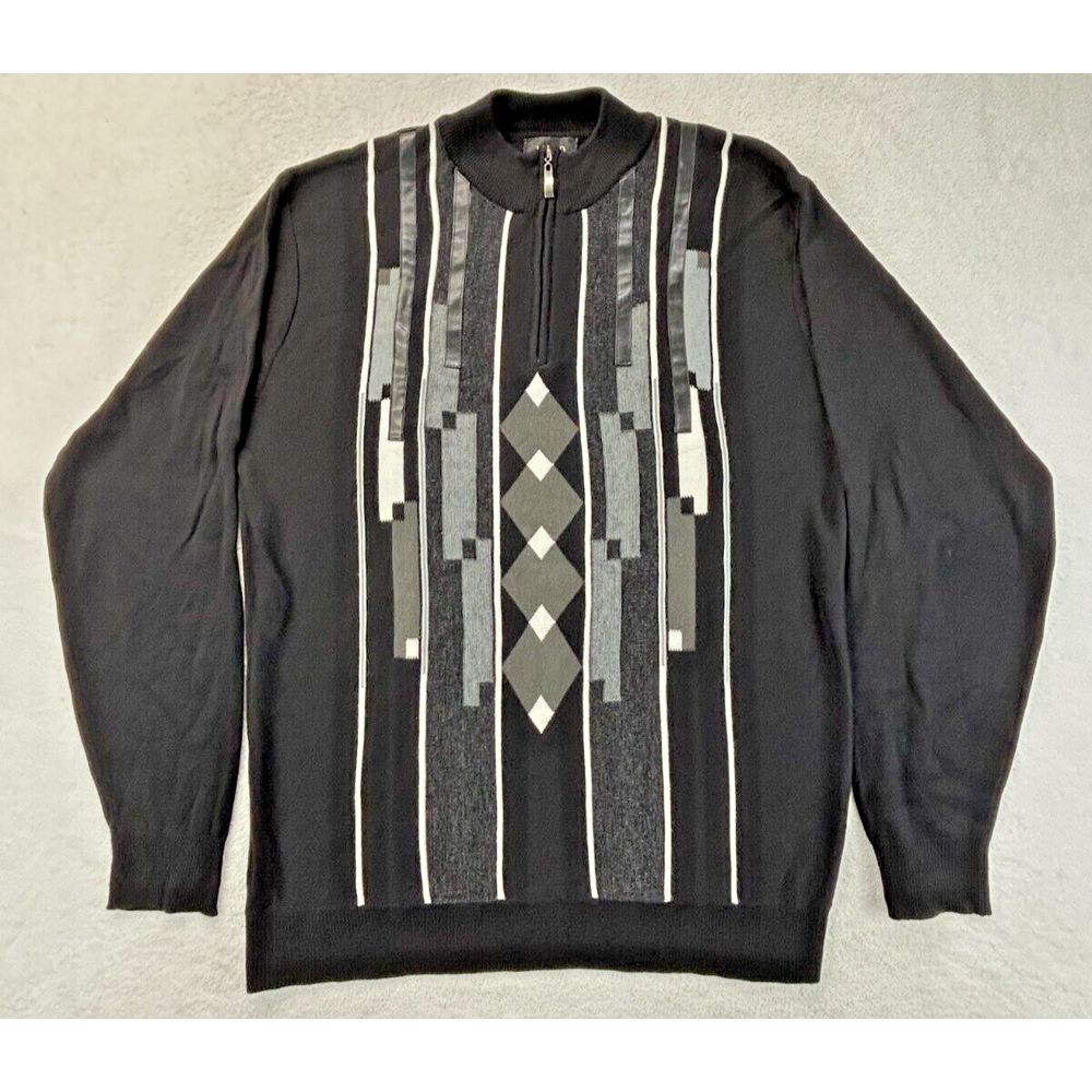 MIKO 3-D Knit Sweater Black Gray Geometric Men 2X Wool Zip Mock‎ Neck